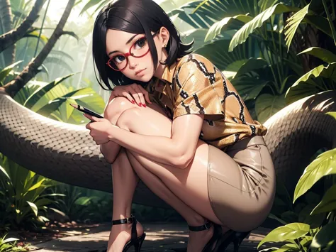 Sarada Uchiha with short hair, black eyes, wearing prescription glasses. She is wearing a beige Nude pencil skirt and Snake Prin...