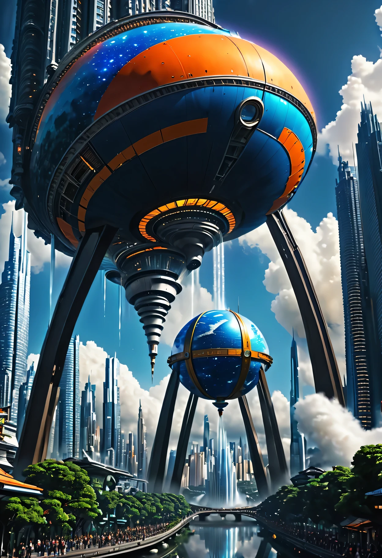 Space City、futuristic cities、floating in the universe、ＳＦart by，cyberpunked、The streets are lined with skyscrapers、A space station、Skyscrapers tall through the clouds，top-quality、​masterpiece、dream、utopian、planet earth、World of Dreams、Fantasia、𝓡𝓸𝓶𝓪𝓷𝓽𝓲𝓬、Beautiful city、Space City、A world far beyond human creation，There is a huge waterfall，