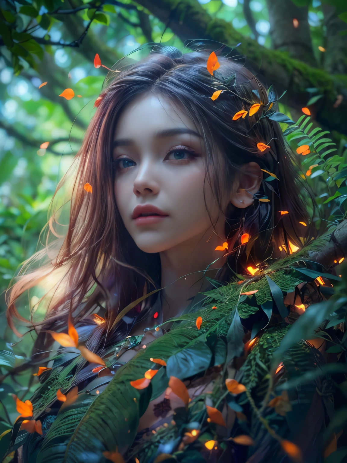 1 female with Engfa's face, mystical forest, twilight, vibrant, sentient plants, magical pollen, mesmerizing dance of lights, colors among trees, breathtaking natural light show, masterpiece, 8k, oil painting)))), long exposure, professional photograph, soft focus, mystical atmosphere, unreal engine, trending on ArtStation, ((woman's detailed face, detailed expression, eyes reflecting the light show, woman's hair flowing, detailed plants and trees), ambient lighting, depth of field effect, detailed pollen particles, soft, ethereal glow, magical, dreamy, surreal))
