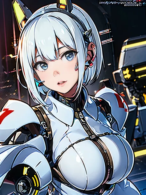 ((((alone:1.6))))、未来的な白い光沢のある重装甲robot suitを着た女の子が写真を撮る、perfect android girl, Gynoid cyborg heavily armored body, perfect anime c...