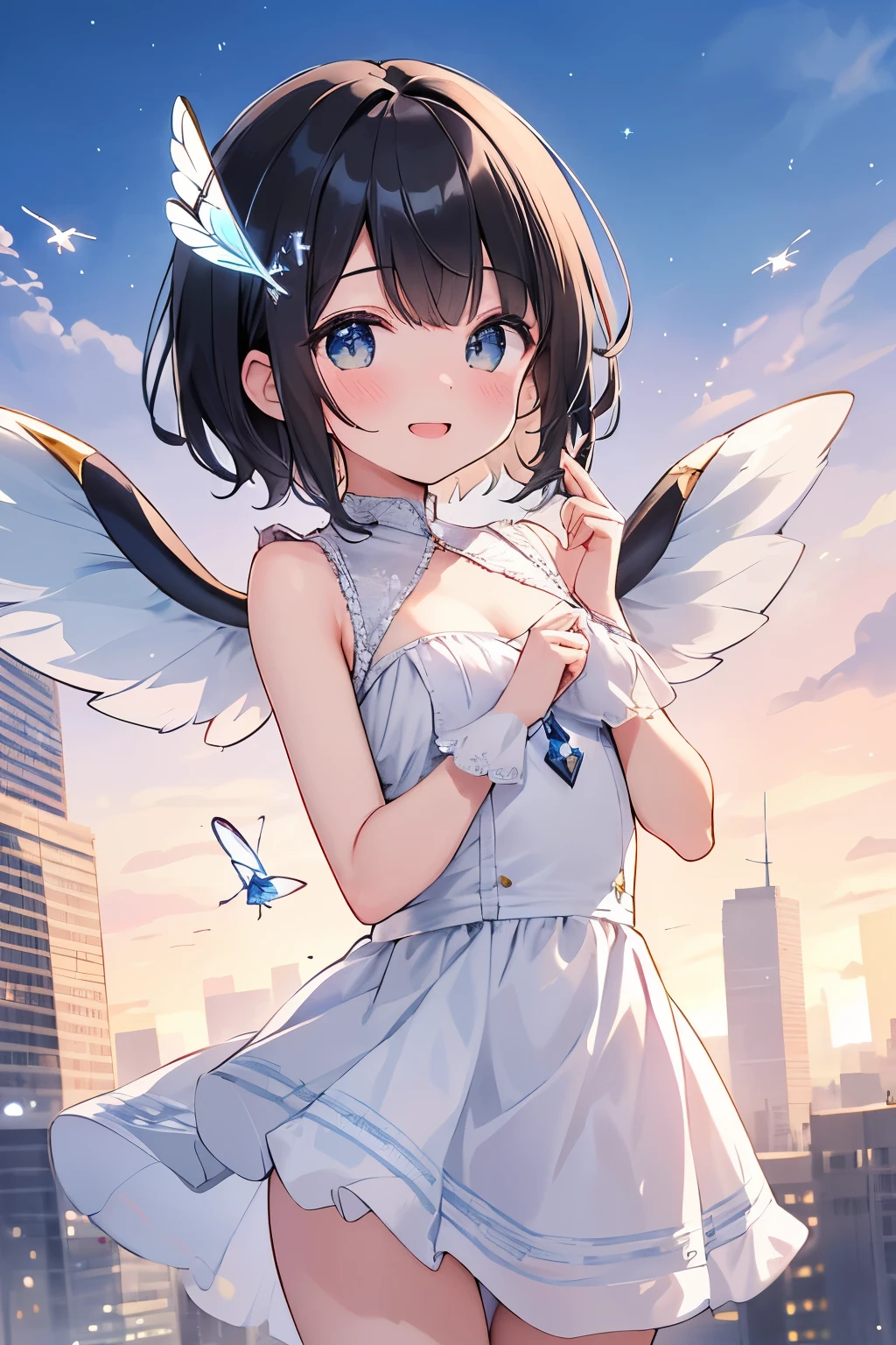 {{{masterpiece}}}, {{{highest quality}}}, NSFW:1.2,cowboy shot、((fly in the sky:1.3))、((floating in the air 2.0))、The city looks small、
15 year old girl、Magical girl、outdoor、blue sky、white wings、sequins、elaborate design、star shaped light、visual art、An illustration、black hair、shortcut、Bursting smile、high contract、best lighting、most detailed、cinematic angle、