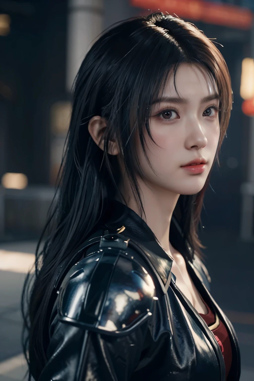 Game art，The best picture quality，Highest resolution，8K，(A bust photograph)，(Portrait)，(Head close-up)，(Rule of thirds)，Unreal Engine 5 rendering works， (The Girl of the Future)，(Female Warrior)， 22-year-old girl，(Female hackers)，(Rainbow hair，Ancient Oriental hairstyle)，((The pupils of the red eyes:1.3))，(A beautiful eye full of detail)，(Big breasts)，(Eye shadow)，Elegant and charming，indifferent，((Anger))，(Cyberpunk jacket full of futuristic look，Joint Armor，There are exquisite Chinese patterns on the clothes，A flash of jewellery)，Cyberpunk Characters，Future Style， Photo poses，City background，Movie lights，Ray tracing，Game CG，((3D Unreal Engine))，oc rendering reflection pattern