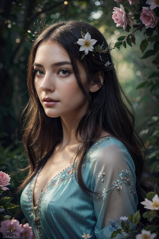best quality,ultra-detailed,realistic:1.37,illustration,character,beautiful detailed eyes,beautiful detailed lips,extremely detailed eyes and face,longeyelashes,fantasy world,magical atmosphere,vibrant colors,soft lighting,flowing hair,fair-skinned girl,delicate features,graceful pose,enchanted forest,nature elements,elegant dress,colorful flowers,artistic style,whimsical,unique character design,captivating expression,surreal background,mysterious aura,fantastical creatures,ethereal beauty,dreamlike scene,impressive details,illustrator's signature
