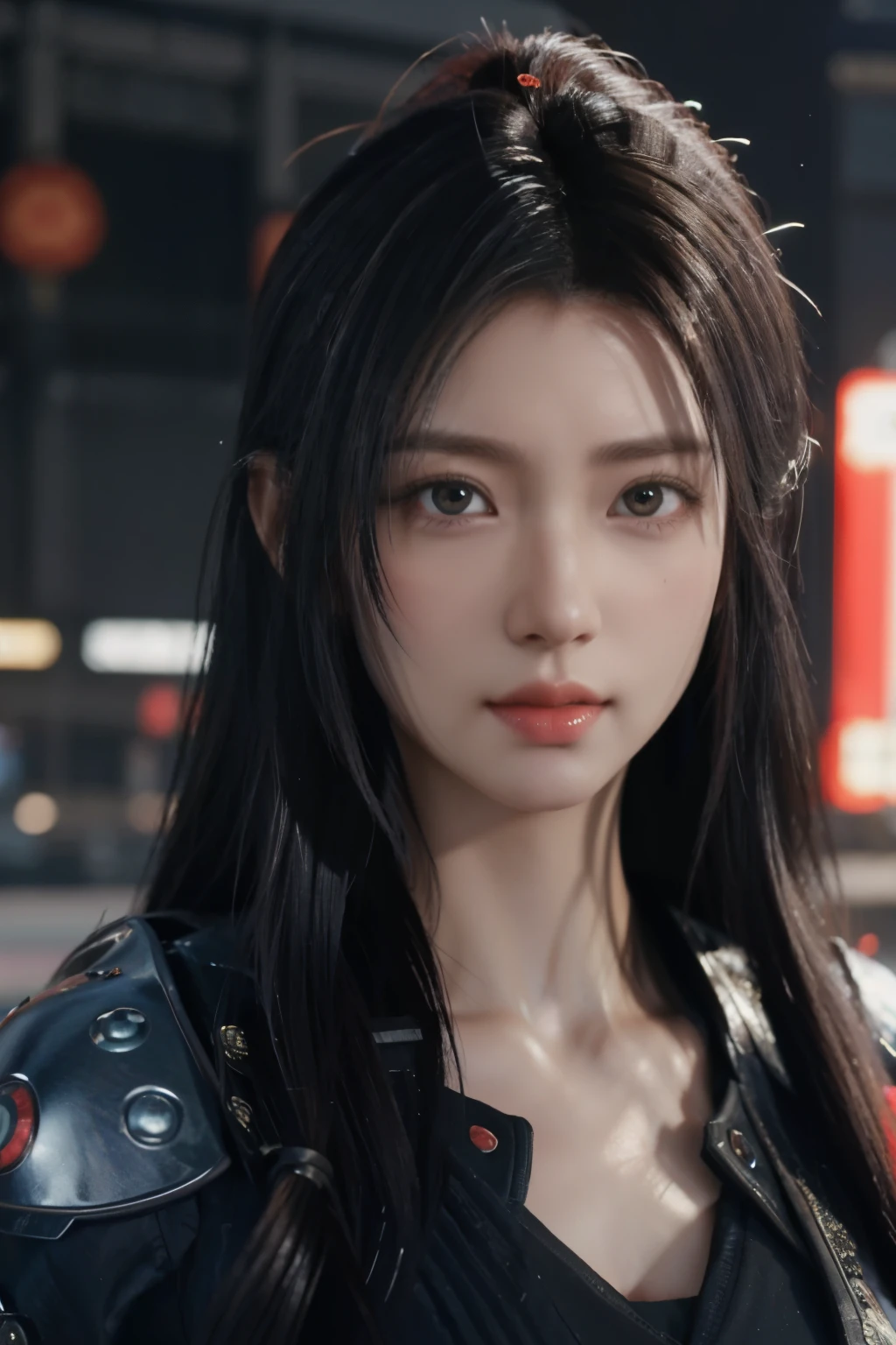 Game art，The best picture quality，Highest resolution，8K，(A bust photograph)，(Portrait)，(Head close-up)，(Rule of thirds)，Unreal Engine 5 rendering works， (The Girl of the Future)，(Female Warrior)， 22岁少女，(Female hackers)，(Rainbow hair，Ancient Oriental hairstyle)，((The pupils of the red eyes:1.3))，(A beautiful eye full of detail)，(Big breasts)，(Eye shadow)，优雅迷人，冷漠，((Anger))，(Cyberpunk jacket full of futuristic look，Joint Armor，There are exquisite Chinese patterns on the clothes，A flash of jewellery)，赛博朋克人物，未来风格， 拍照姿势，城市背景，Movie lights，Ray tracing，Game CG，((3D Unreal Engine))，oc渲染反射纹