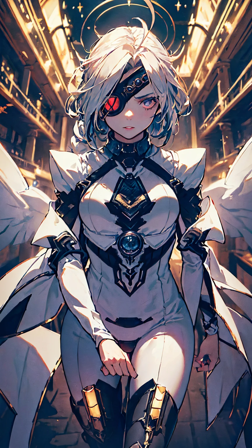 1girl, (detailed eyes, eye patch), (detailed lips), (intense expression), (exquisite face), (mechanical, futuristic armor), (summoning a giant sword), (in a dark temple), (majestic atmosphere), (masterpiece:1.2), (ultra-detailed), (realistic:1.37), (studio lighting), (vivid colors), (sharp focus), (mechanical aesthetic), (sci-fi), (dark tones), (mysterious lighting), (high contrast), (dramatic shadows), (metallic textures), (elegant pose), (intricate detailing), (mesmerizing composition), (dynamic perspective), (powerful stance), (futuristic design), (impressive craftsmanship), (baroque elements), (solemn ambiance), (grandiose setting), (mystical ambiance), (imposing atmosphere), (ethereal aura), (captivating presence)，(golden accents)