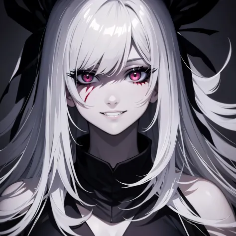 best quality, manga style, beautiful woman face, fear, horror-like smile, eyes and mouth painted in matte black, light up, backg...