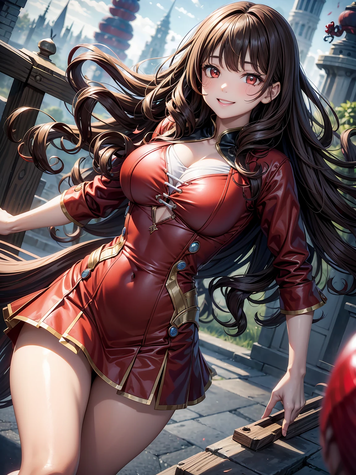 japanese girl, cute、brown hair、((Wavy curly hair、Scarlet eyes、drooping eyes:1.2))、shiny and smooth hair, thick bangs、slender body shape、(happy smile:1.2), highly detailed face and eyes, highest quality, ultra high resolution, Super realistic oily shiny skin, Super detailed, 8K, RAW photo, perfect anatomy、Depth of bounds written、 witch costume、The magic of lightning、((battle scene:1.3))