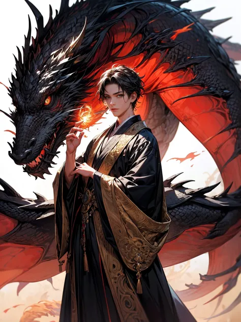 Envision a scene where a young boy stands confidently beside a majestic dragon. The boy exudes an aura of magic, with his hands ...