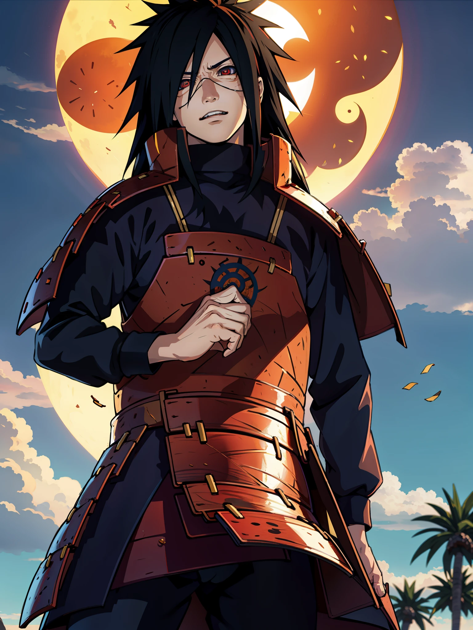 1 homem, Uchiha Madara do anime Naruto, com longos cabelos negros e olhos vermelhos penetrantes. Ele tem uma aparência bonita e confiante, Com um sorriso cativante no rosto.

Ele está vestindo um conjunto de roupas vermelhas que são intrinsecamente detalhadas, apresentando o artesanato de alta qualidade e textura realista. O tecido flui graciosamente, acentuando cada movimento seu.

A cena se passa em um cenário vibrante de cidade praiana, com o sol brilhando intensamente e lançando um brilho quente em Madara. A cidade está fervilhando de vida, com palmeiras balançando suavemente com a brisa e pessoas aproveitando o tempo na praia. O mar azul claro se estende até onde a vista alcança, criando um ambiente tranquilo e sereno.

A qualidade da imagem é de extrema importância, com foco em alcançar a melhor resolução possível. Os detalhes são ultra-detalhados, capturando cada fio de cabelo, cada ruga na roupa, e cada expressão sutil no rosto de Madara. A imagem pretende ser realista e fotorrealista, imergindo o espectador no mundo de Naruto.

Em termos de estilo de arte, a imagem combina a essência do anime e dos artistas conceituais, combinando a natureza dinâmica e expressiva do anime com a atenção meticulosa aos detalhes vista na arte conceitual. A paleta de cores geral é vibrante e vívida, com um toque de calor para destacar a presença de Madara.

A iluminação da imagem acentua as características de Madara, lançando sombras que adicionam profundidade e dimensão ao seu rosto. A luz do sol o banha em uma suave, brilho dourado, realçando ainda mais sua aparência marcante.

Geral, o prompt visa retratar Uchiha Madara de uma maneira realista e cativante, mostrando suas características icônicas e personalidade. Procura criar uma imagem impressionante que capture a essência da série Naruto e ao mesmo tempo mostre o talento do artista..
