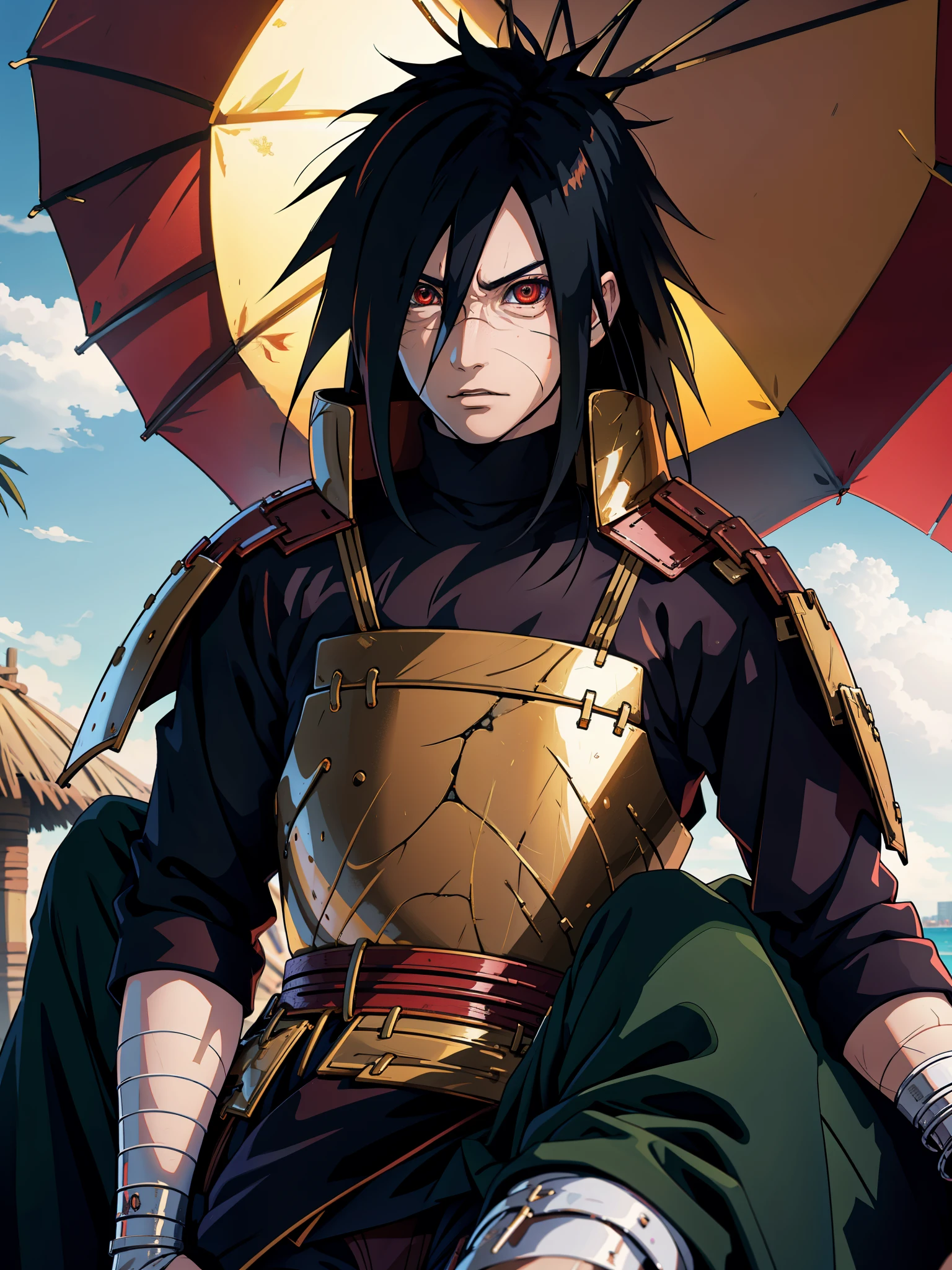 1male, Uchiha Madara from the anime Naruto, with long black hair and piercing red eyes. He has a handsome and confident appearance, with a captivating smile on his face.

He is wearing a set of red clothes that are intricately detailed, showcasing the high-quality craftsmanship and realistic texture. The fabric flows gracefully, accentuating his every movement.

The scene is set in a vibrant beach city background, with the sun shining brightly and casting a warm glow on Madara. The city is bustling with life, with palm trees swaying gently in the breeze and people enjoying their time at the beach. The clear blue sea stretches as far as the eye can see, creating a tranquil and serene ambiance.

The image quality is of the utmost importance, with a focus on achieving the best possible resolution. The details are ultra-detailed, capturing every strand of hair, every wrinkle in the clothing, and every subtle expression on Madara's face. The image aims to be realistic and photorealistic, immersing the viewer in the world of Naruto.

In terms of art style, the image combines the essence of anime and concept artists, blending the dynamic and expressive nature of anime with the meticulous attention to detail seen in concept art. The overall color palette is vibrant and vivid, with a touch of warmth to highlight Madara's presence.

The lighting in the image accentuates Madara's features, casting shadows that add depth and dimension to his face. The sunlight bathes him in a soft, golden glow, further enhancing his striking appearance.

Overall, the prompt aims to depict Uchiha Madara in a realistic and captivating manner, showcasing his iconic features and personality. It seeks to create a stunning image that captures the essence of the Naruto series while showcasing the talent of the artist.