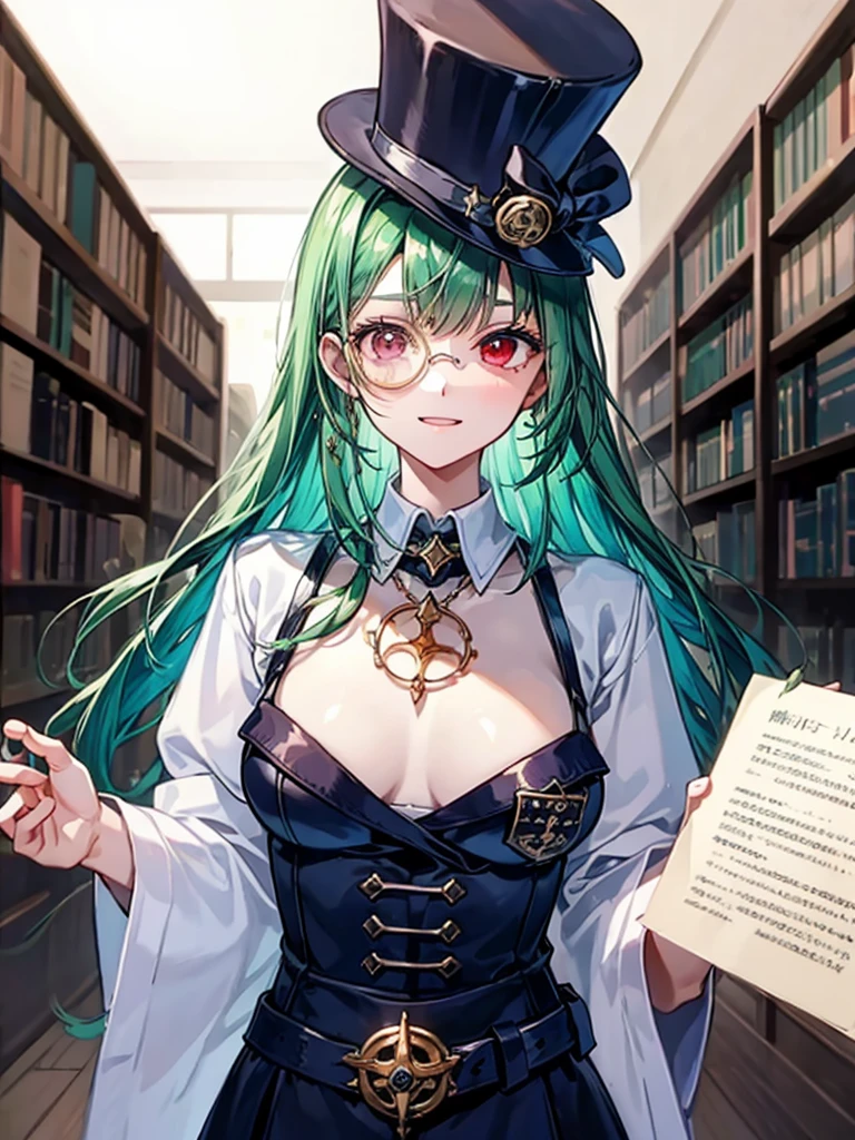 （（（masterpiece、Highest image quality、highest quality、highly detailed unity 8ｋwallpaper）））、（（Illustration of one girl、upper body））、（（（beautiful girl）））、（librarian）、（Emerald green hair、messy hair、sidelocks：1.2、red eyes、crazy smile）、（（（flat chest）））、（（（monocle）））、pocket watch、（（（Black top hat、Black tuxedo、belt）））、great medieval library、Large amount of books