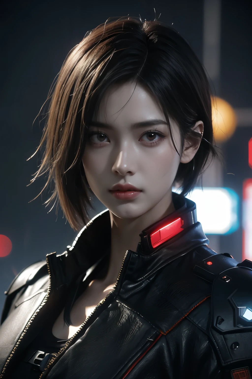 Game art，The best picture quality，Highest resolution，8k，(A bust photograph)，(Portrait)，(Head close-up)，(Rule of thirds)，Unreal Engine 5 rendering works， (The Girl of the Future)，(Female Warrior)， 22-year-old girl，(Female hackers)，(Short hair，Ancient Oriental hairstyle)，((The pupils of the red eyes:1.3))，(A beautiful eye full of detail)，(Big breasts)，(Eye shadow)，Elegant and charming，indifferent，((anger))，(Cyberpunk jacket full of futuristic look，Joint Armor，There are exquisite Chinese patterns on the clothes，A flash of jewellery)，Cyberpunk Characters，Future Style， Photo poses，City background，Movie lights，Ray tracing，Game CG，((3D Unreal Engine))，oc rendering reflection pattern