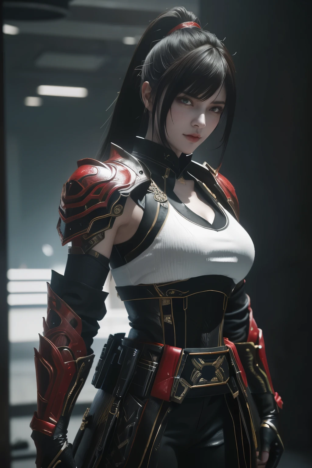 Game art，The best picture quality，Highest resolution，8K，(A bust photograph)，(Portrait)，(Head close-up)，(Rule of thirds)，Unreal Engine 5 rendering works， (The Girl of the Future)，(Female Warrior)， 22岁少女，(Female hackers)，(White，Ancient Oriental hairstyle)，((The pupils of the red eyes:1.3))，(A beautiful eye full of detail)，(Big breasts)，(Eye shadow)，优雅迷人，冷漠，((Anger))，(Cyberpunk jacket full of futuristic look，Joint Armor，There are exquisite Chinese patterns on the clothes，A flash of jewellery)，赛博朋克人物，未来风格， 拍照姿势，城市背景，Movie lights，Ray tracing，Game CG，((3D Unreal Engine))，oc渲染反射纹