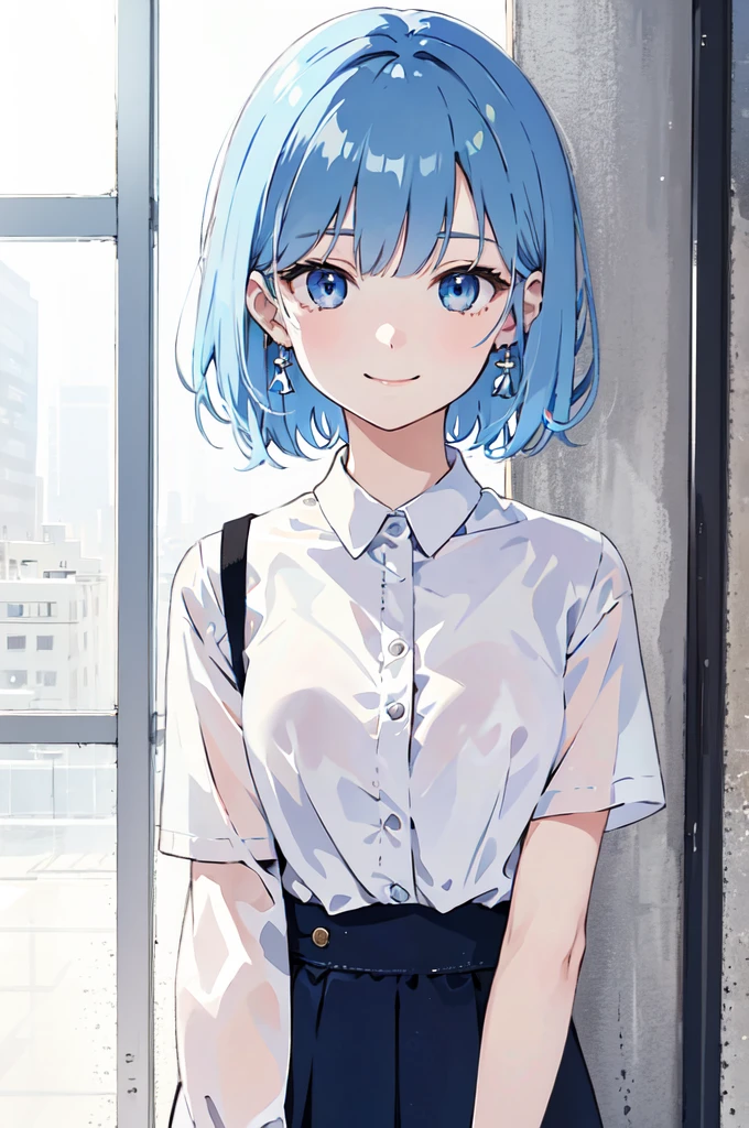 (masterpiece), (best quality), (ultra detailed),(disheveled hair),(illustration), 1 woman , short hair, standing, Fashion model ( modern clothes), looking at viewer, (interview), (casual school background),beautiful blue eyes, delicate beautiful face, ,(high saturation),(colorful splashes),(shining), kamisato ayaka, Navy blue (shining), bangs, best lighting, best shadow. smiling