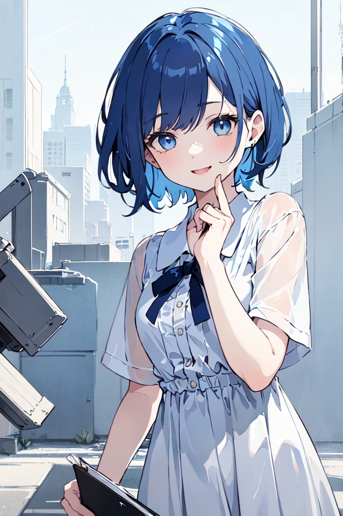 (masterpiece), (best quality), (ultra detailed),(disheveled hair),(illustration), 1 woman , short hair, standing, Fashion model ( modern clothes), looking at viewer, (interview), (casual school background),beautiful blue eyes, delicate beautiful face, ,(high saturation),(colorful splashes), (shining), Navy blue hair (shining), bangs, best lighting, best shadow. smiling