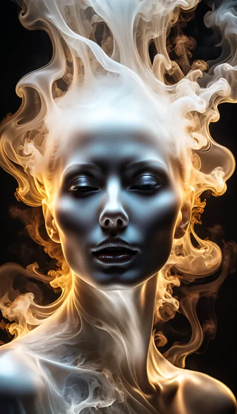 , ultra detailed ultra realistic portrait of a ghost-like form of beautiful woman surrounded by steam , backlit, smoky,  work of...