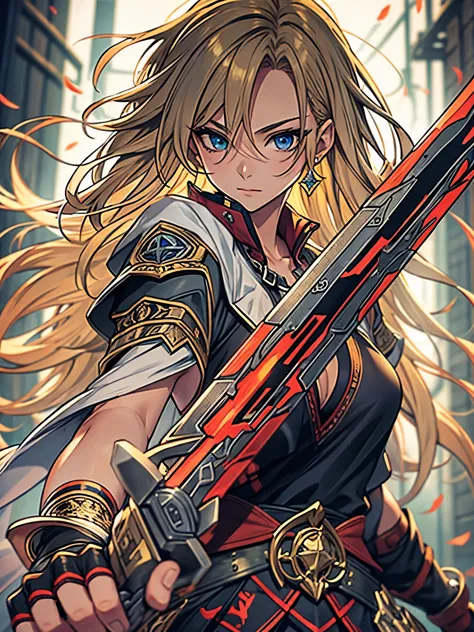 Girl, blond hair, tattered clothes, holding a sword, high quality, masterpiece, super detailed,