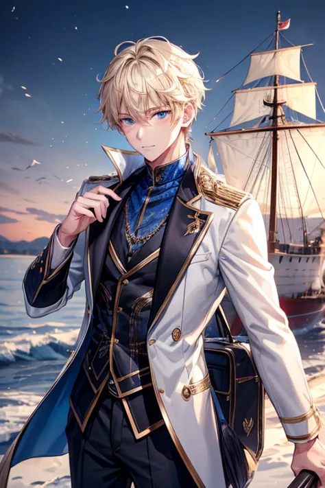 a handsome guy、20代の男性、winter clothes、blonde shorthair、blue eyes、long sleeve、board a ship、high resolution、in 8k、sharp focus、zoom、...