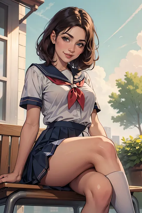 1girl,((school uniform)), blush,light smile, sitting,outdoors,