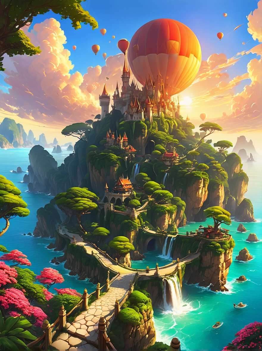 wonderland travel destination，Fantasy wonderland，Charming holiday paradise，wonderland，fantasy land，Travel vacation，heavenly island，stunning sunset、（fantasy art、The art of math） , concept art, Trending on artstation, The art of Greg Rutkowski, The art of artgerm,art by rossdraws,The art of Krenz Cushart，（best quality，8k，high resolution，masterpiece，Super detailed，1.4x more realism),