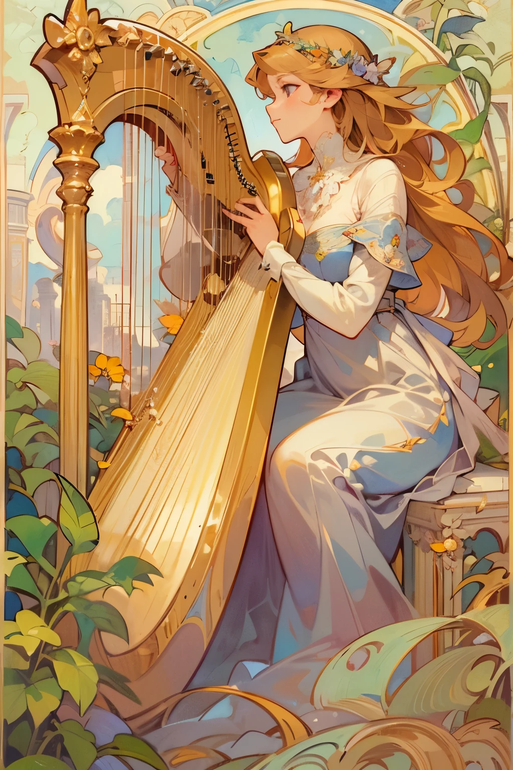 masterpiece, highest quality, super detailed,(Highly detailed CG Unity 8K wallpaper), (highest quality), (best illustrations), Beautiful woman、playing a harp, elegant, soft color, horoscope、Virgo, Mysterious, Alphonse Mucha, Art Nouveau line, awesome full color,　watercolor painting　