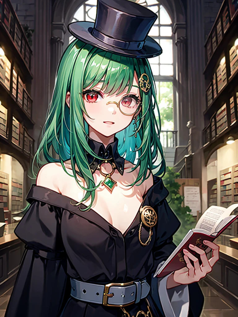 （（（masterpiece、Highest image quality、highest quality、highly detailed unity 8ｋwallpaper）））、（（Illustration of one girl、upper body））、（（（beautiful girl）））、（librarian）、（Emerald green hair、messy hair、sidelocks：1.2、red eyes、crazy smile）、（（（flat chest）））、（（（monocle）））、pocket watch、（（（Black top hat、Black tuxedo、belt）））、great medieval library、Large amount of books