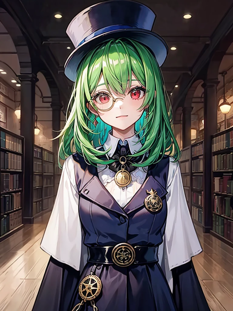 （（（masterpiece、Highest image quality、highest quality、highly detailed unity 8ｋwallpaper）））、（（Illustration of one girl、upper body））、（（（beautiful girl）））、（librarian）、（Emerald green hair、messy hair、sidelocks：1.2、red eyes、crazy smile）、（（（flat chest）））、（（（monocle）））、pocket watch、（（（Black top hat、Black tuxedo、belt）））、great medieval library、Large amount of books