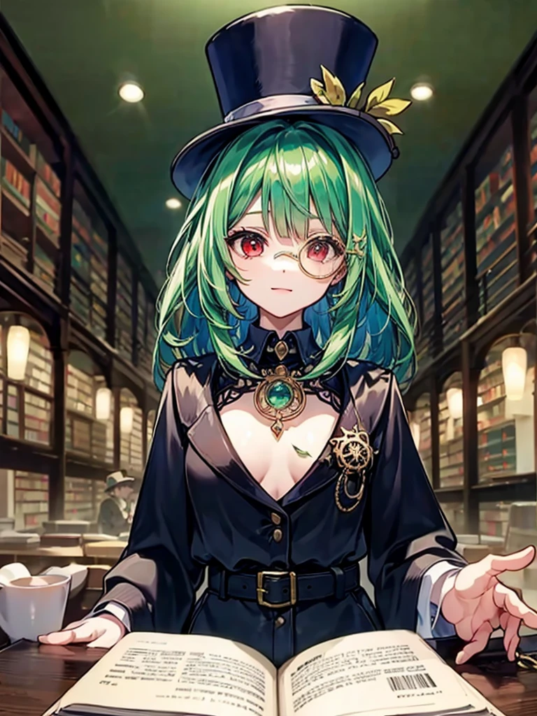 （（（masterpiece、Highest image quality、highest quality、highly detailed unity 8ｋwallpaper）））、（（Illustration of one girl、upper body））、（（（beautiful girl）））、（librarian）、（Emerald green hair、messy hair、sidelocks：1.2、red eyes、crazy smile）、（（（flat chest）））、（（（monocle）））、pocket watch、（（（Black top hat、Black tuxedo、belt）））、great medieval library、Large amount of books