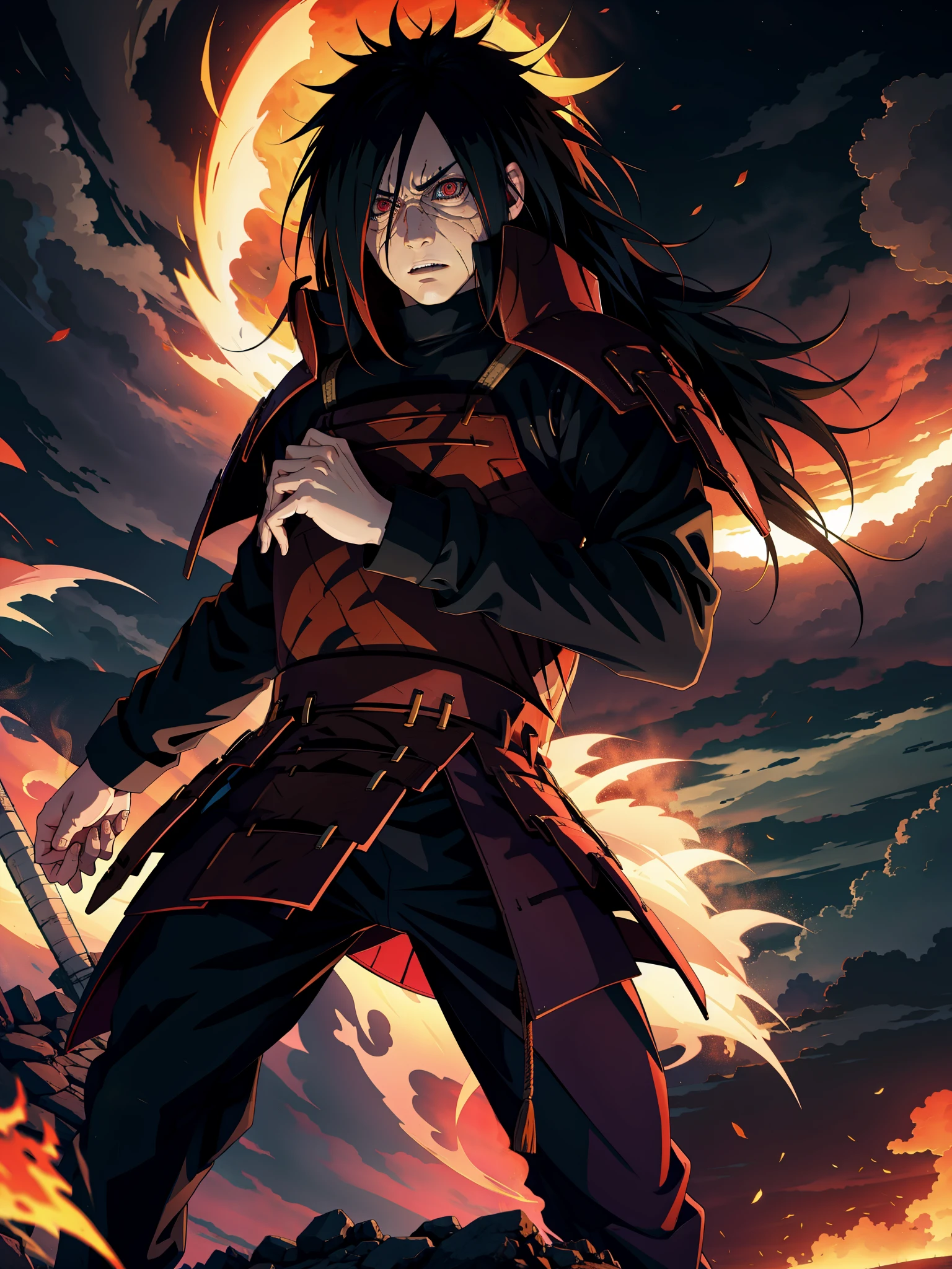 1male, Uchiha Madara, wearing a coat pant, best quality, ultra-detailed, realistic:1.37, HDR, portrait, dark shadows, intense gaze, Sharingan eyes, long, flowing hair, powerful stance, bold brushstrokes, vibrant colors, dramatic lighting, ancient warrior, fierce expression, background of flames, billowing smoke, ominous atmosphere.