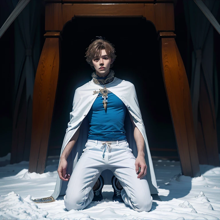 The North and South Poles in the background，Tall and handsome young man，Wearing a blue and white top，white pants，sports shoes，Wearing a cloak with snow，No face shown，Holding a frosted long knife，Bust view，Half kneeling