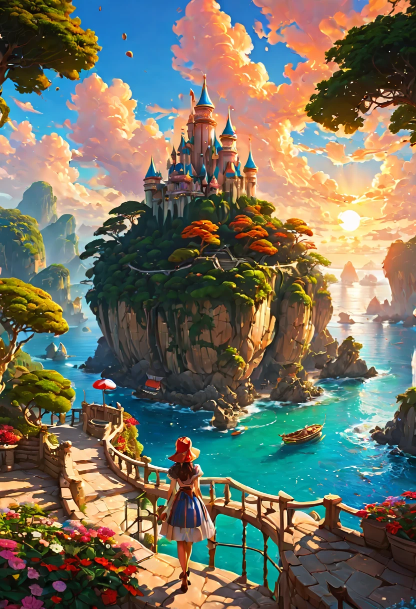 wonderland旅行目的地，梦幻wonderland，Charming holiday paradise，wonderland，fantasy land，Travel vacation，heavenly island，stunning sunset、（fantasy art、The art of math） , concept art, Trending on artstation, The art of Greg Rutkowski, The art of artgerm,art by rossdraws,The art of Krenz Cushart，（best quality，8k，high resolution，masterpiece，Super detailed，1.4x more realism),