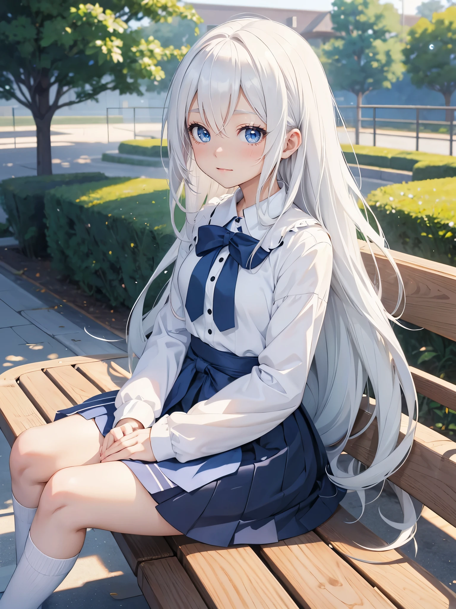 anime girl with long hair and blue eyes sitting on a bench, anime style 4 k, anime visual of a cute girl, perfect white haired girl, girl with white hair, smooth anime cg art, best anime 4k konachan wallpaper, beautiful anime portrait, portrait anime girl, young anime girl, beautiful anime high school girl, cute anime girl, pretty anime girl