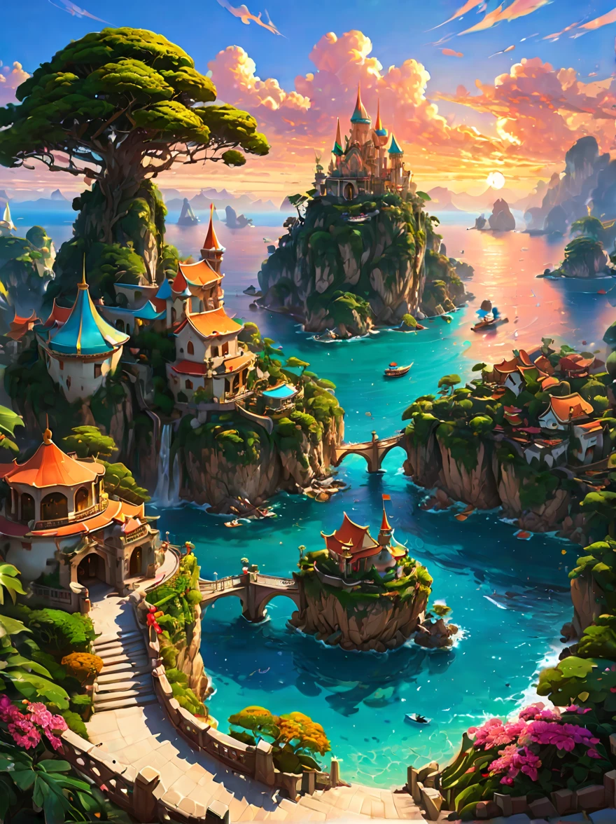 Wonderland travel destination，Fantasy wonderland，Charming holiday paradise，wonderland，fantasy land，tourist resort，heavenly island，stunning sunset、（fantasy art、The art of math） , concept art, Trending on artstation, The art of Greg Rutkowski, The art of artgerm,art by rossdraws,The art of Krenz Cushart，（best quality，8K，high resolution，masterpiece，Super detailed，1.4x more realism),