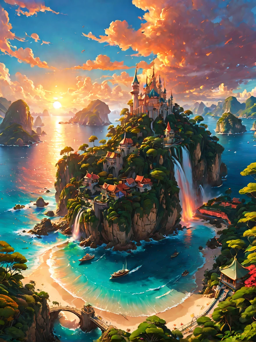 Wonderland travel destination，Fantasy wonderland，Charming holiday paradise，wonderland，fantasy land，tourist resort，heavenly island，stunning sunset、（fantasy art、The art of math） , concept art, Trending on artstation, The art of Greg Rutkowski, The art of artgerm,art by rossdraws,The art of Krenz Cushart，（best quality，8K，high resolution，masterpiece，Super detailed，1.4x more realism),