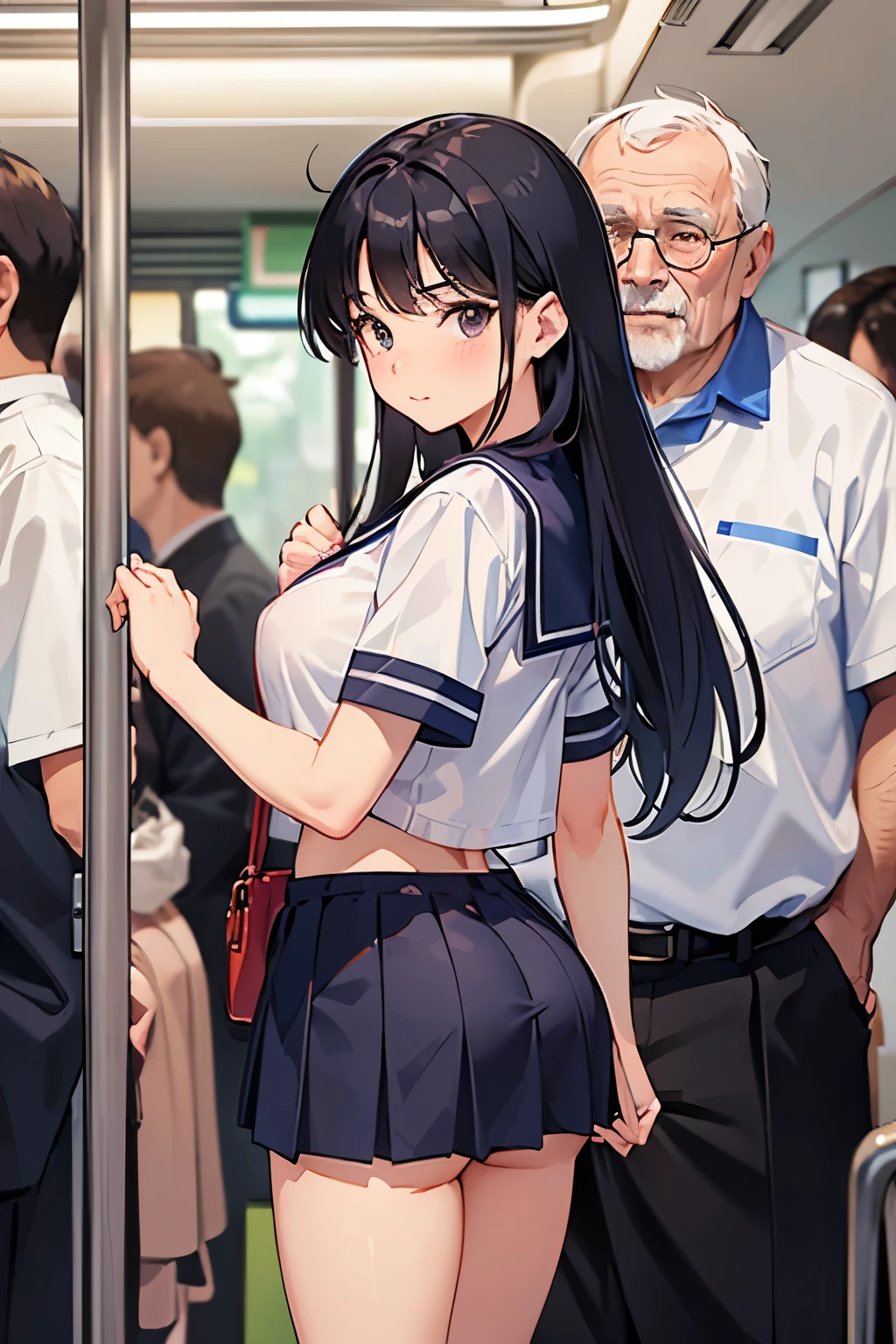 middle-aged man and high school girl、Highest image quality、Sailor Mars、beautiful feet、slender、miniskirt、((crowded train))、((big breasts))、((The nipple protrusions push up the uniform))、cropped tops、short sleeve、barefoot、((Wearing mules))、((An old man is touching my chest from behind))、((My breasts are being fondled by an old man from behind.))、((My butt is being touched by the old man behind me.))