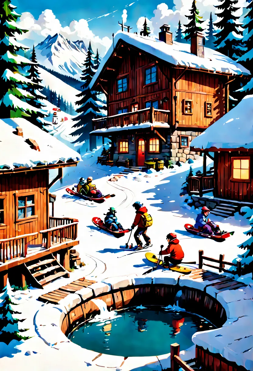 { "Type of Image": "Digital Illustration", "Subject Description": "A snowy mountain resort during the winter season, with cozy l...