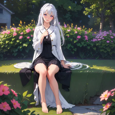 (best quality,4k,8k,highres,masterpiece:1.2),ultra-detailed,(realistic,photorealistic,photo-realistic:1.37),illustration,soft lighting,a girl with white hair,deep purple eyes,glowing eyes,sitting down,barefoot,face blushing,in a garden at night,flowers.