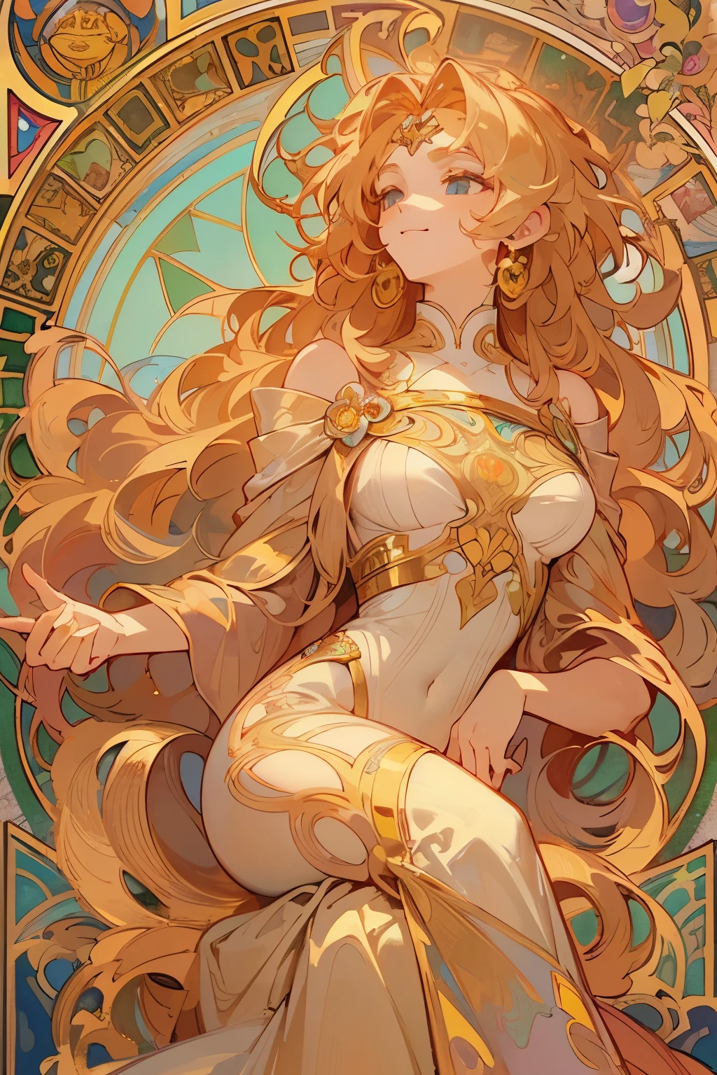 masterpiece, highest quality, (Highly detailed CG Unity 8K wallpaper), (highest quality), (best illustrations), leo maiden、Gold hair、Hair like a lion&#39;s hair、glittering in gold、horoscope, mysterious, Alphonse Mucha, Art Nouveau line, awesome full color, watercolor painting、art nouveau、looking straight ahead、smiling