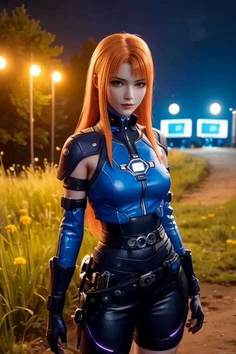 A girl with orange hair, with blue cyberpunk outfit, in a colorful meadow, at night