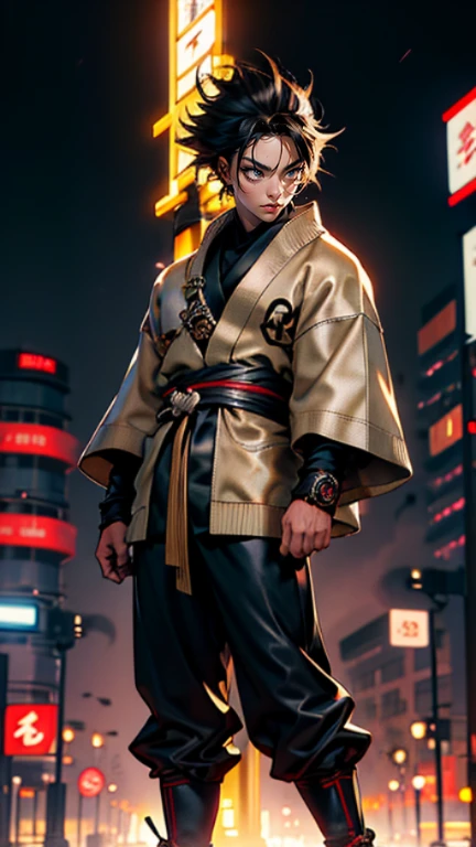 The young Samurai has messy hair, wears a gray sweater that says "HEROES", dark brown leather pants with lots of pockets. Adventurer's shoes, carrying a samurai on his back, hands crossed on his chest, there is a flash of lightning, alert pose, face facing the camera, skyscraper background and shades of black with gold gradations at night. fullbody