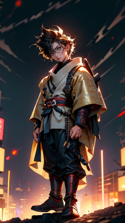 The young Samurai has messy hair, wears a gray sweater that says "HEROES", dark brown leather pants with lots of pockets. Adventurer's shoes, carrying a samurai on his back, hands crossed on his chest, there is a flash of lightning, alert pose, face facing the camera, skyscraper background and shades of black with gold gradations at night. fullbody