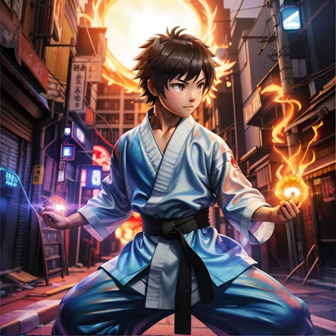 painting of a boy in karate gear holding a fireball, makoto oil painting, inspirado em Chen Jiru, detailed bushido form smoke, i...