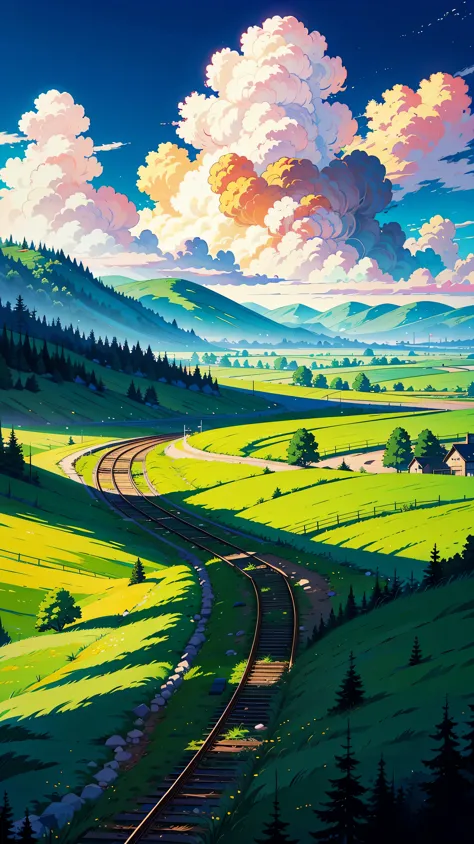 there is a train that is running down the tracks in the field, anime countryside landscape, made of tree and fantasy valley, sce...