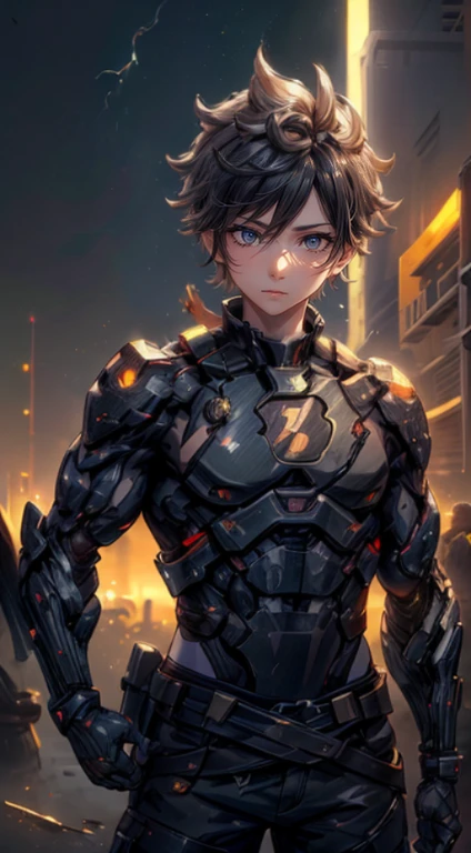 The young Samurai has messy hair, wears a gray sweater that says "HEROES", dark brown leather pants with lots of pockets. Adventurer's shoes, carrying a samurai on his back, hands crossed on his chest, there is a flash of lightning, alert pose, face facing the camera, skyscraper background and shades of black with gold gradations at night. fullbody