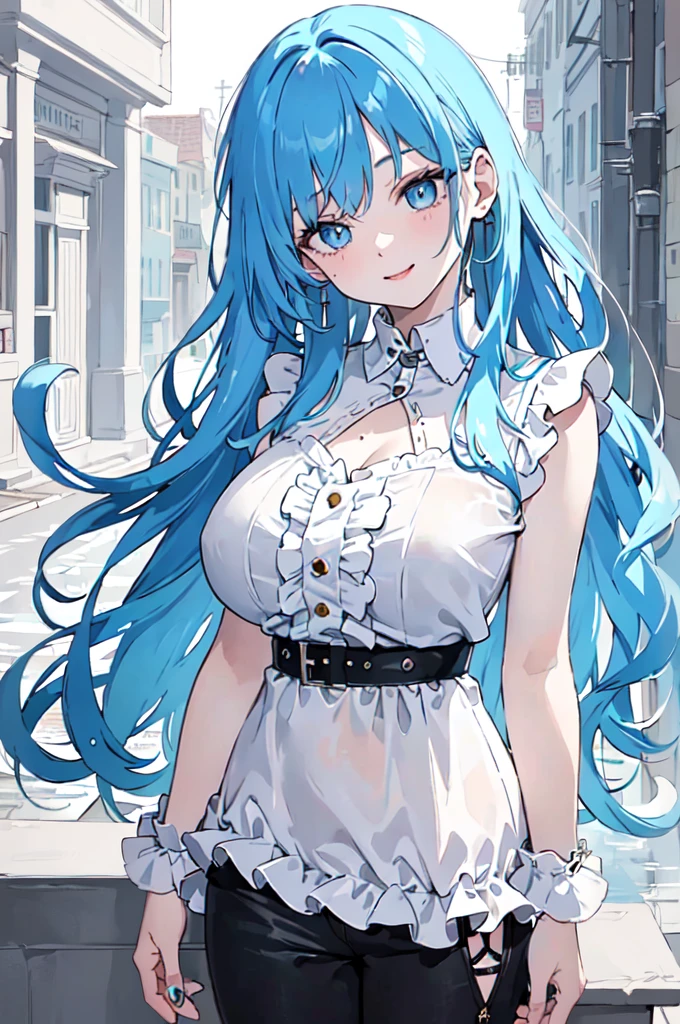 (masterpiece), (best quality), (ultra detailed),(dishevelled hair),(illustration), long hair, standing, Fashion model (punk clothes), looking at viewer, (interview), (casual background),beautiful blue eyes, delicate beautiful face, ,(high saturation),(colorful splashes),(shining), blue hair (shining), bangs, best lighting, best shadow. smiling. big breast. 