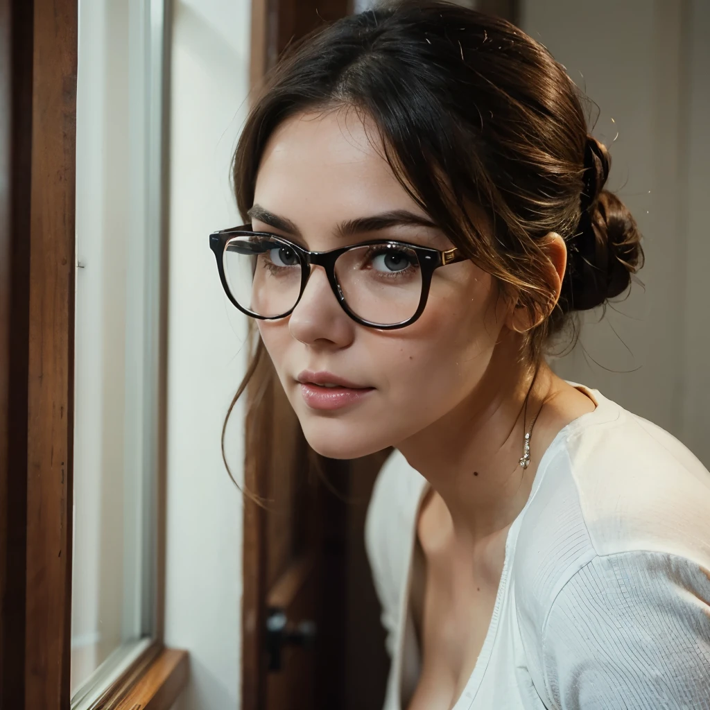 A close up of a woman wearing glasses looking out a window - SeaArt AI