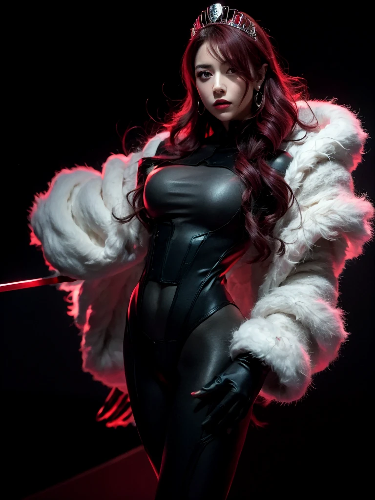 a woman with red lipstick has armor on and is holding a sword, kirijou mitsuru, 1girl, solo, hair over one eye, long hair, (((red hair))), weapon, rapier, sword, bodysuit, black bodysuit, grey bodysuit, hand on hip, (((large breasts))), (purple theme:1.2), In Baroque style hall, queen, majestic, graceful, perfect face, beautiful face, perfect female body, mature female, (glowing red eyes:1.2), short ponytail, Queen's crown, darker violet gossamer veil, royal red cloak with jewels and fur, royal red shawl with jewels and fur, earrings, jewels, jewelry, head ornaments, hands ornaments, legs ornaments, high heels, Narrow waist, big ass, wet, wet body, sweating body, shiny skin, ((no close up)), (8k, RAW photos, highest quality, masterpiece: 1.7). (Realistic, Photorealistic: 1.9)
