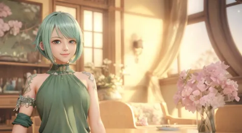 giving smile to the camera , sexy , anime - style image of a woman in a green dress standing in a room, beautiful screenshot, st...