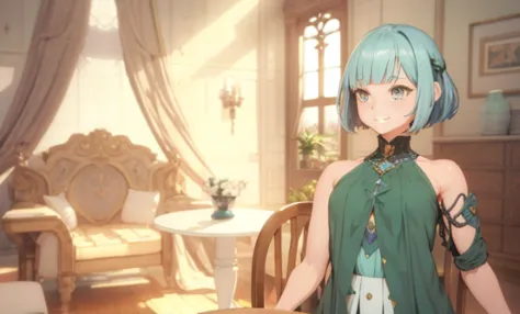 giving smile to the camera , sexy , anime - style image of a woman in a green dress standing in a room, beautiful screenshot, st...