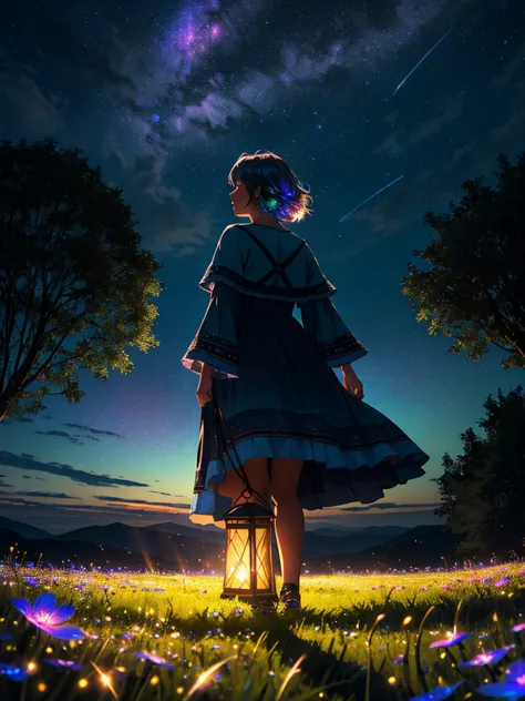 summer night, magical night, landscape photograph, from below, sky above and open field, (solo:1.2), a girl's side face, standin...
